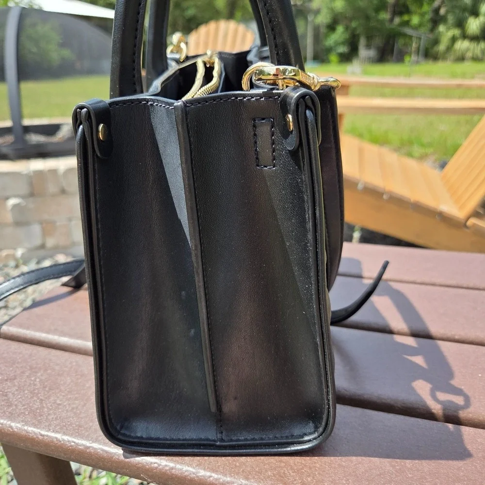 Michael Kors Black Embossed Leather Gold Logo Handbag Purse Maple Satchel - Picture 8 of 16